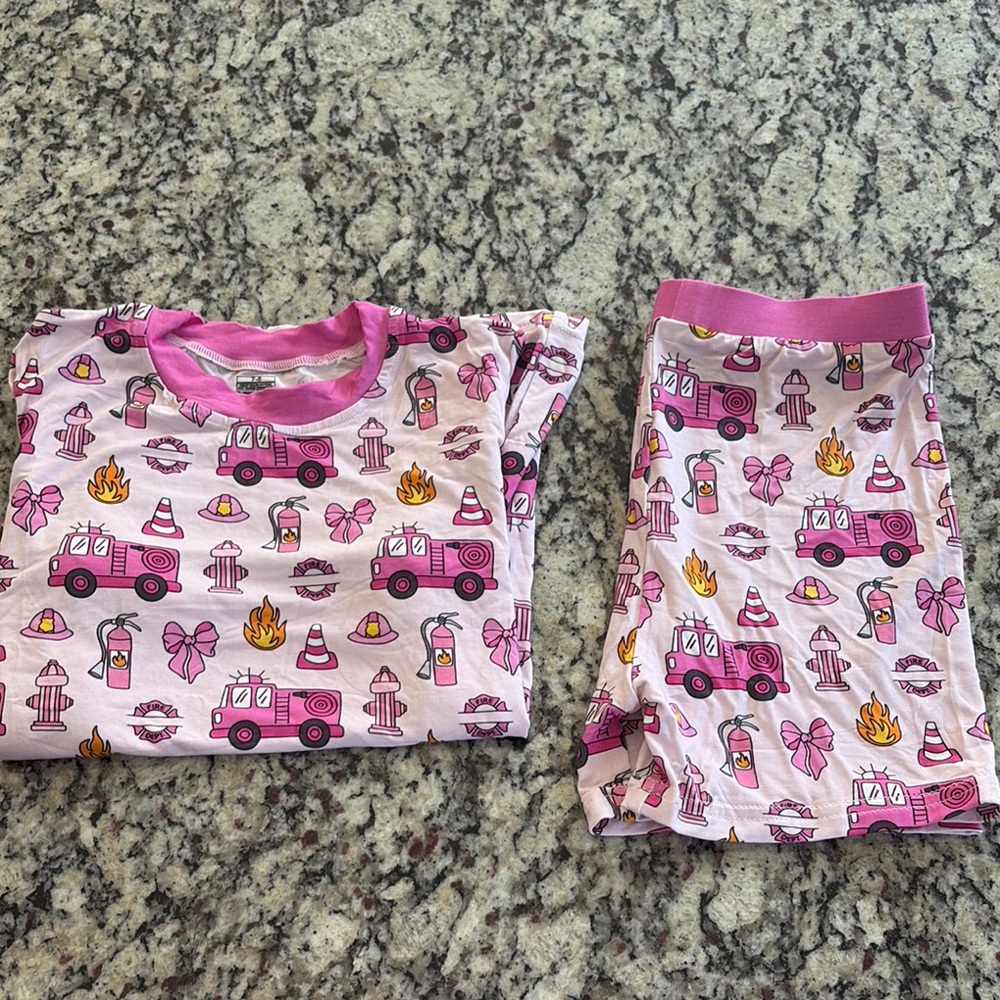 Pink Fire Truck Bamboo PJ Set - Picture 1 of 7
